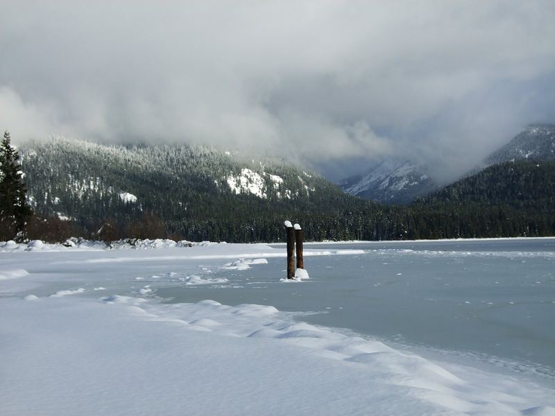 Snow and ice along the shore of Priest Lake in winter