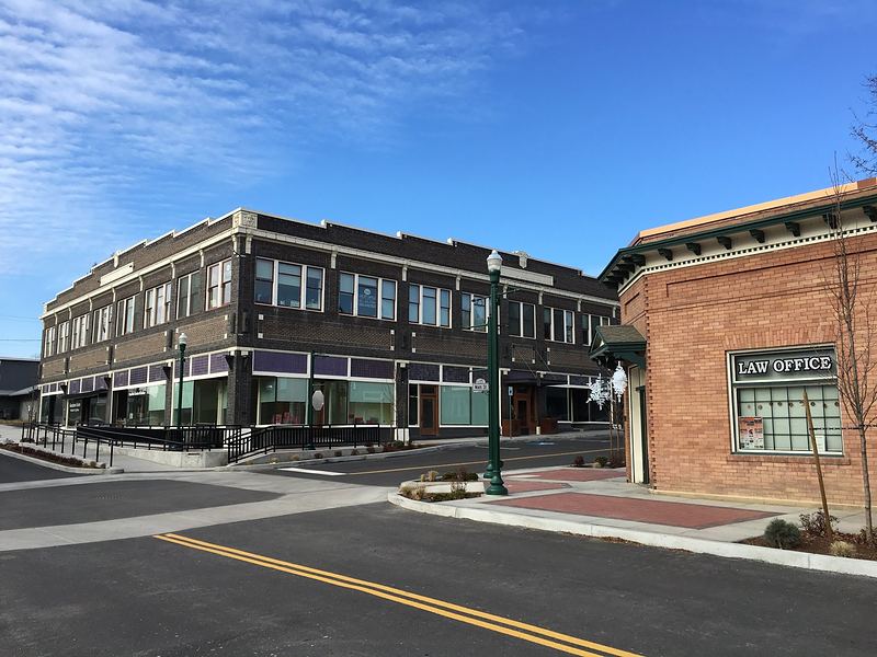 Historic brick storefronts on Main Street in downtown Priest River
