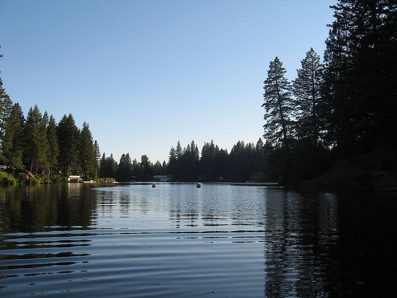 The narrows of Sacheen Lake between wooded shores
